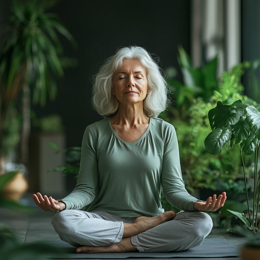 Літня жінка практикує йогу в положенні сидячи з закритими очима